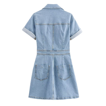 Damklänning Mini A-Linjeformad Denim Midjad Långärmad-3