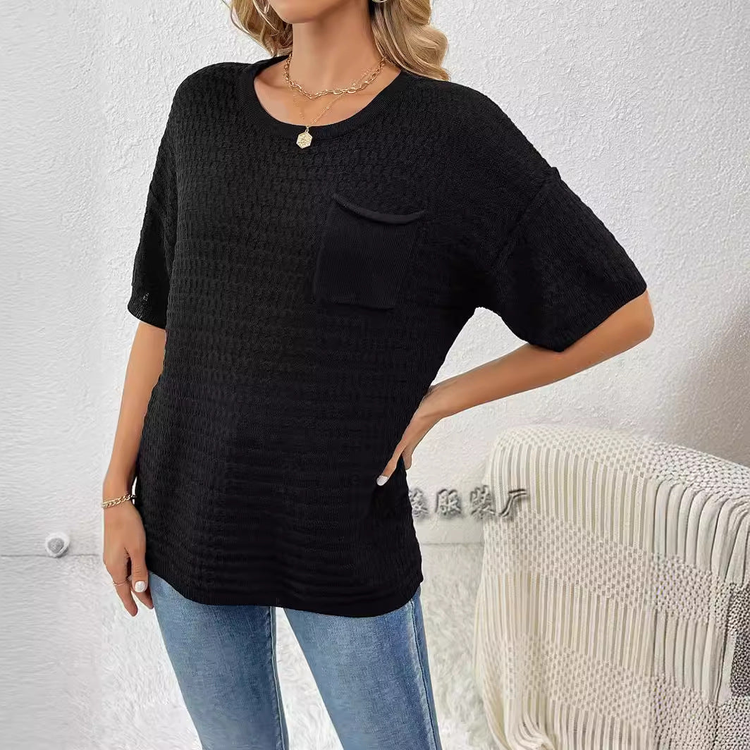 Dam Stickad Kortärmad Tröja Mjuk Akryl-4