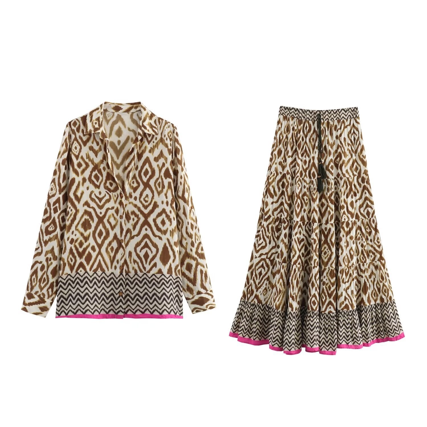 Kvinnors Midi Kjol och Skjorta Färgblock Polyester-2