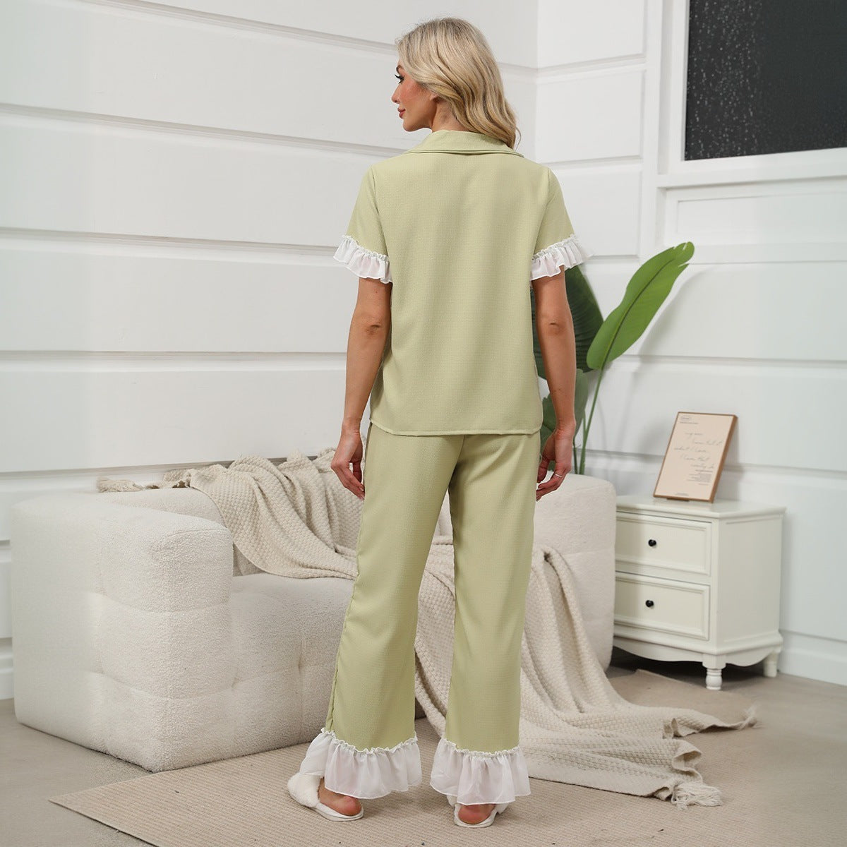 Dam Hemkläderuppsättning Kortärmad Polyester med Långa Byxor-3