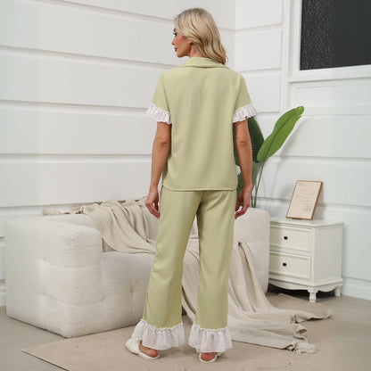 Dam Hemkläderuppsättning Kortärmad Polyester med Långa Byxor-3