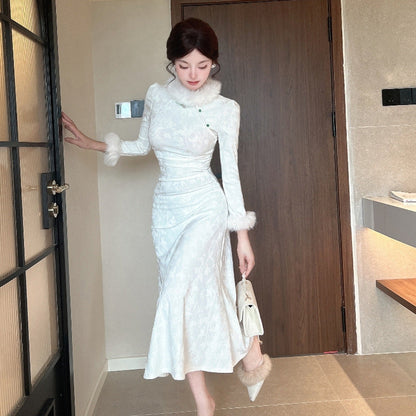 Kvinna Qipao Klänning Fisksvans Polyester med Pälskrage-4
