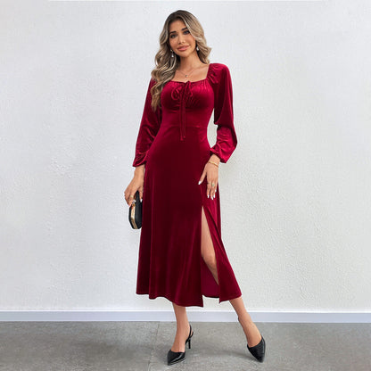 Dam A-linjeformad Klänning Puffärmar Sammet-3