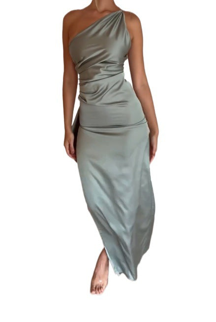 Damklänning Asymmetrisk Midi Satin Ärmlös-5