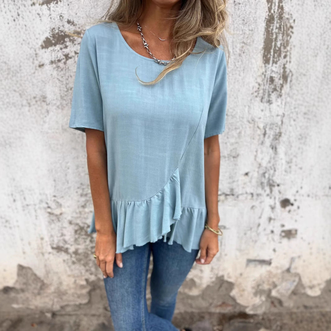 Kvinnors T-shirt Färgblock Bomull-4