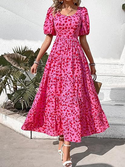 Kvinnors Klänning Puffärmar Polyester V-ringning-1