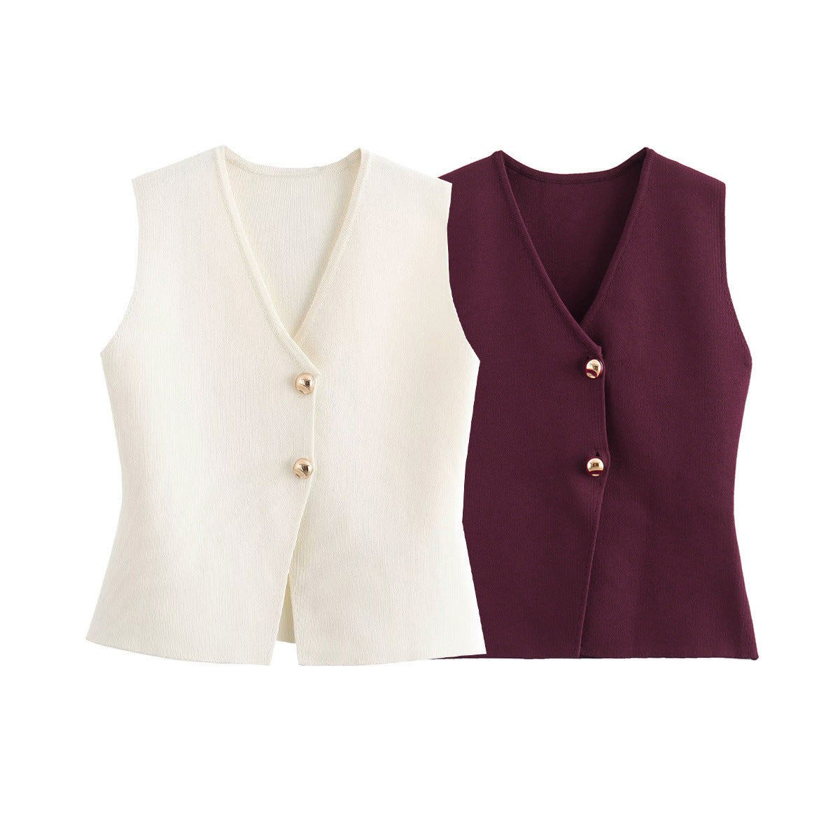 Dam Stickad Väst med Guldknappdekor i Polyester-3