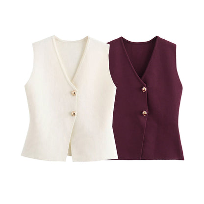 Dam Stickad Väst med Guldknappdekor i Polyester-3