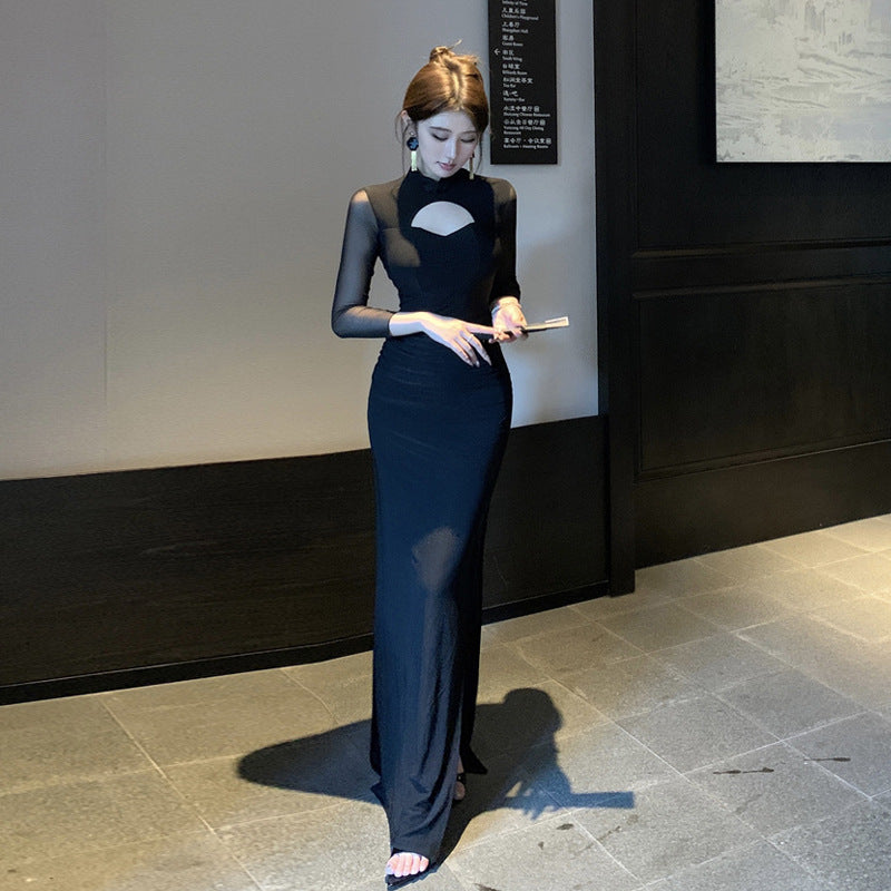 Elegant Cheongsam Klänning med Transparenta Ärmar – Polyester och Spandex, Halv Hög Halsringning, Långärmad, Slits, Flera Storlekar 3