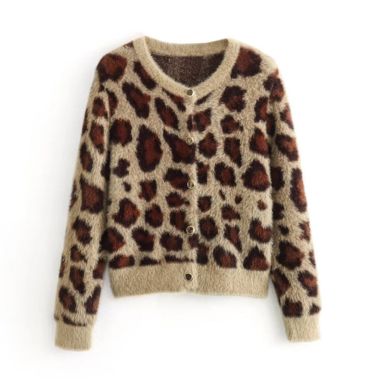 Dam Cardigan Leopardmönster Värmande Fleece Långärmad-1