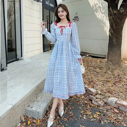 Kvinna Prickad Klänning Långärmad Polyester Fyrkantig Halsringning-3