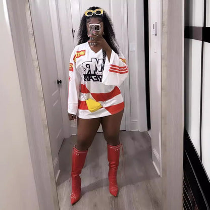 Fina Dam Klänningar Mini V-ringad med Bell Sleeve Tryckt Tyg-3