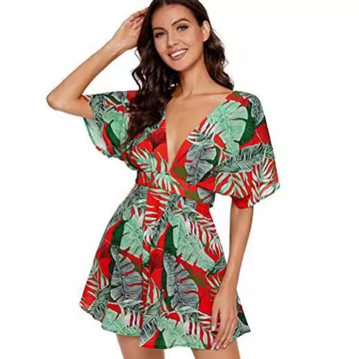 Kvinna Fritidsklänning Blommig V-Hals Lätt Tyg 2