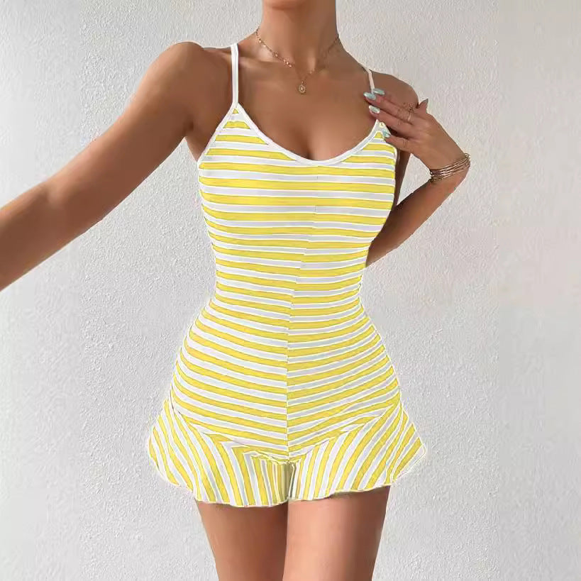 Dam Dungarees Slim Fit Randig Spandex med Volangkant-3