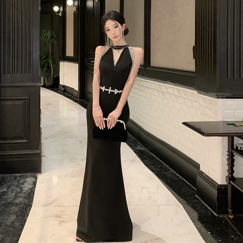 Kvinnors Lång Aftonklänning V-ringad Ärmlös Högkvalitativ Polyester-2