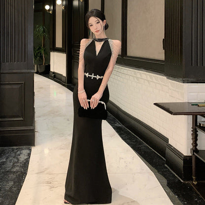 Kvinnors Lång Aftonklänning V-ringad Ärmlös Högkvalitativ Polyester-2