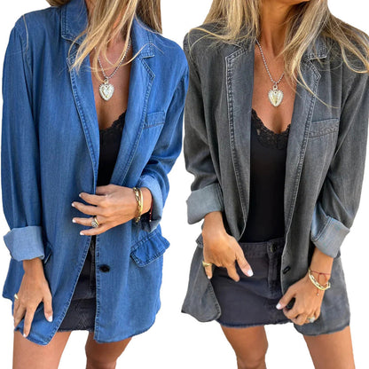 Dam Lång Jeansjacka Med Krage I Högkvalitativ Denim-2