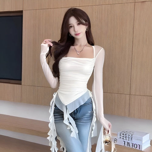 Dam Långärmad T-Shirt Asymmetrisk Design Transparenta Ärmar Polyester-1