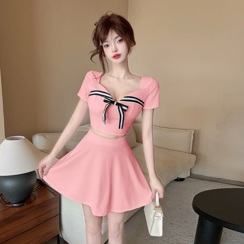 Kvinnors Tvådelat Set Kort Kjol Tre-fjärdedel Ärmar Patchwork Polyester-2