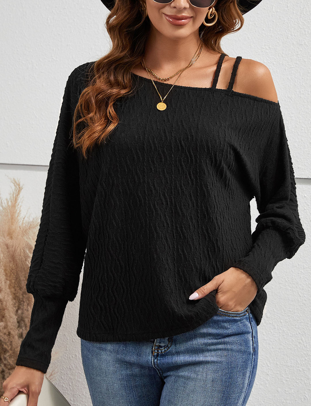 Dam Off-Shoulder Topp Långärmad Asymmetrisk Polyester-5