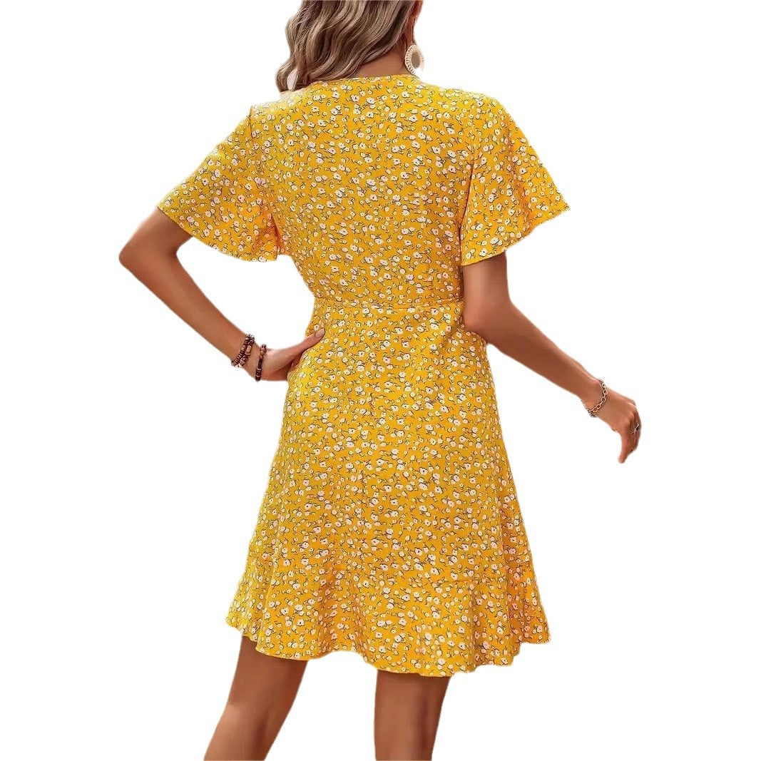 Kort Klänning Dam Blommig V-ringning Polyester Korta Festklänningar-6
