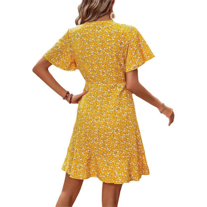 Kort Klänning Dam Blommig V-ringning Polyester Korta Festklänningar-6