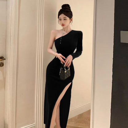 Damklänning Off-Shoulder Asymmetrisk Polyester med Hög Slits-4