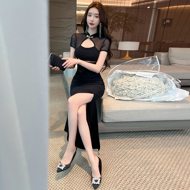 Lång Bodycon Klänning med Ståkrage i Högkvalitativt Tyg – Elegant Kvinnoklädsel för Formella och Avslappnade Tillfällen 4