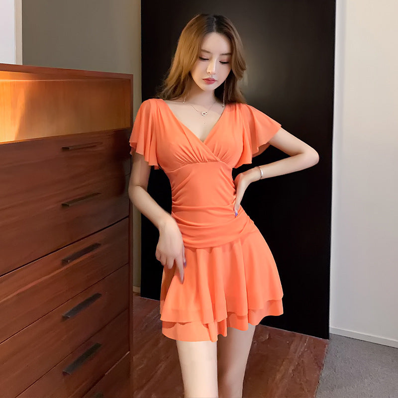 Fina Dam Klänningar V-Neck Kort Ärmar Slim Fit Polyester-2