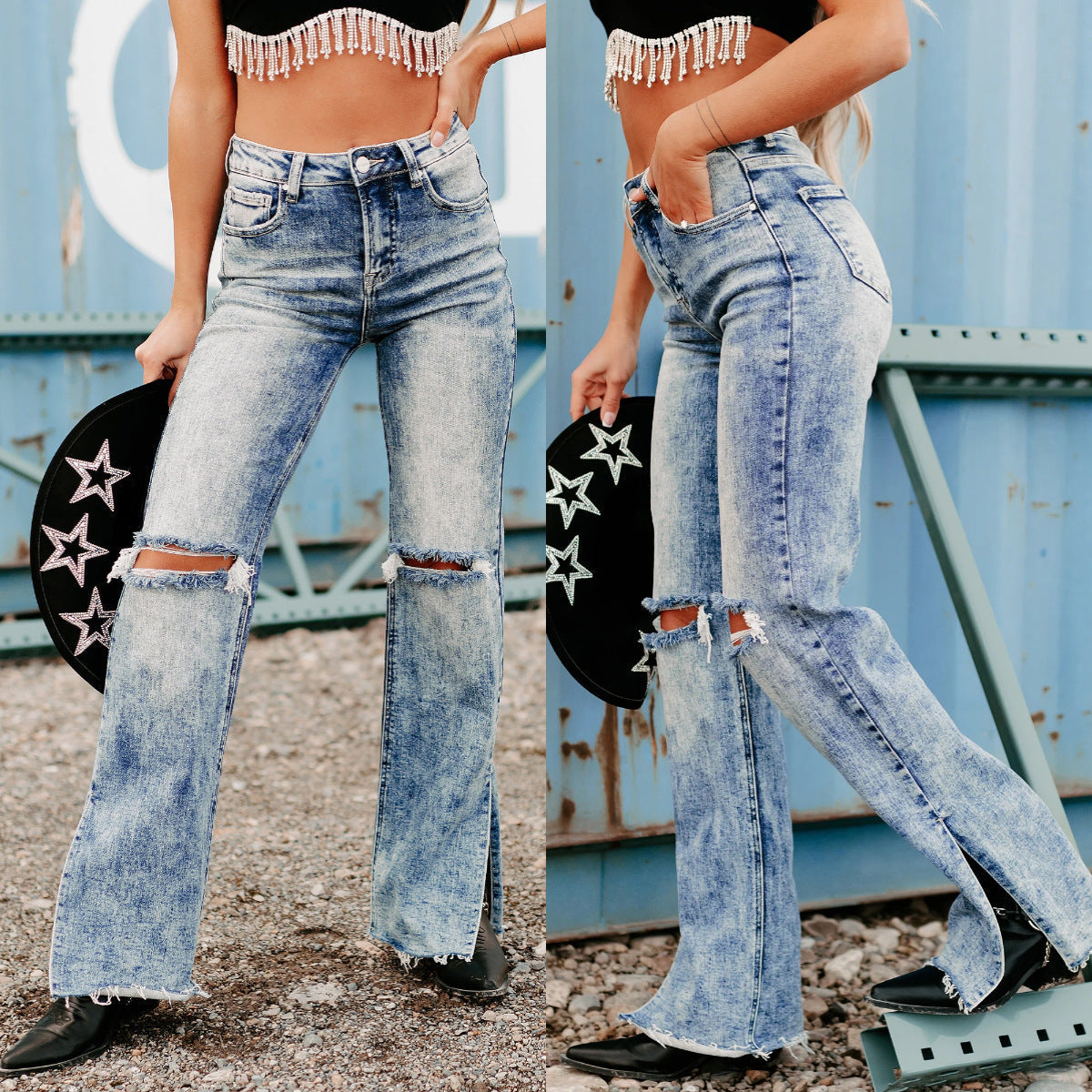 Dam Jeans Slitna Stretch Medelstor Midja Raka Ben-2
