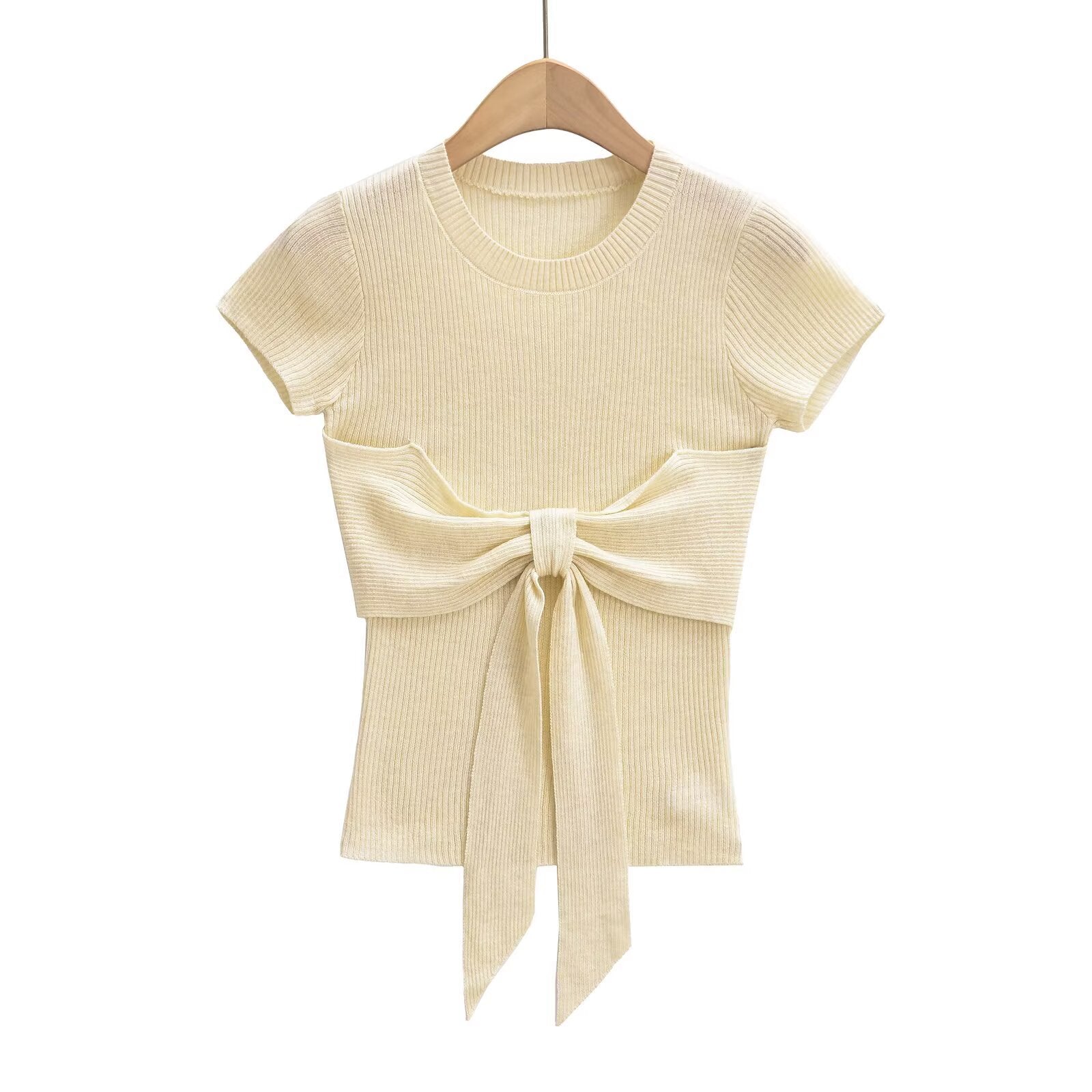Dam Topp Korta Ärmar Dekorativ Slinga Ribbmaterial-4