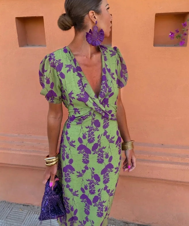 Variant image for Kvinnors Omslagsklänning Blommönster V-ringad Puffärmar Andningsbart Tyg-1