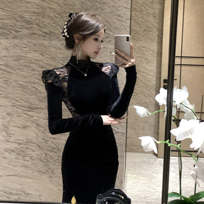 Maxiklänning Dam Halvhög Krage med Spalt i Polyester-2