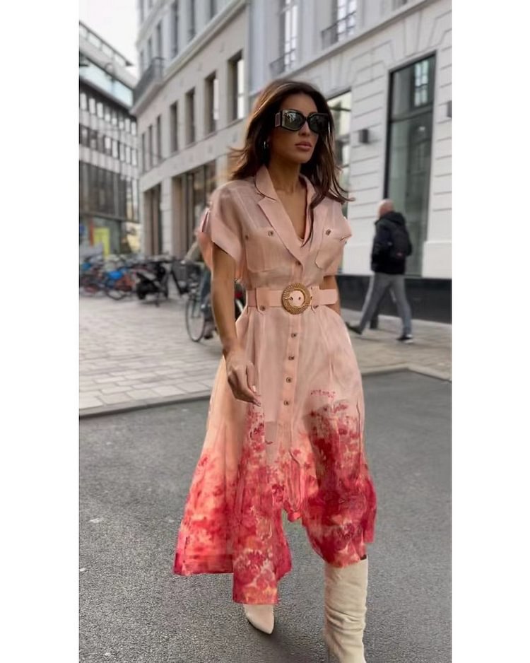 Dam Strandklänning V-Neck Hög Midja Lätt Polyester Abstrakt Mönster-4