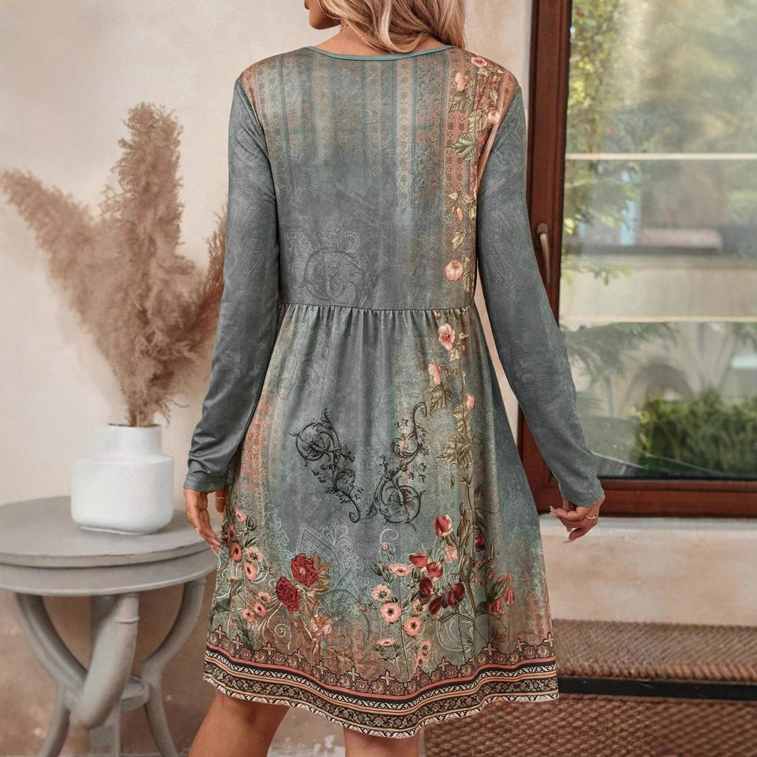 Kvinnor Midi Klänning Blommig Långärmad Polyester-4