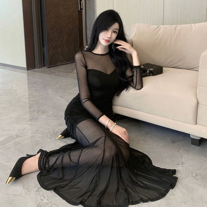 Dam Bodycon Klänning Lång Svart Mesh-5