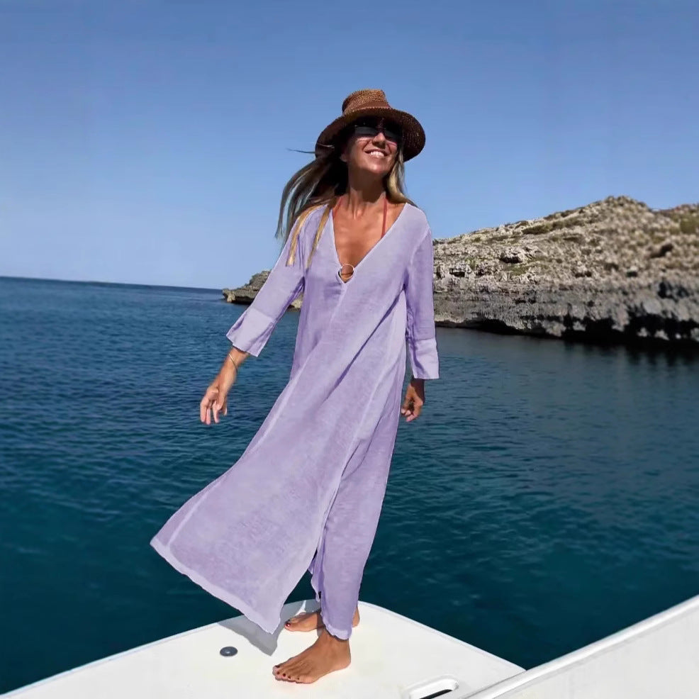 Dam Klänning Lång V-ringad Bomull Elegans-3