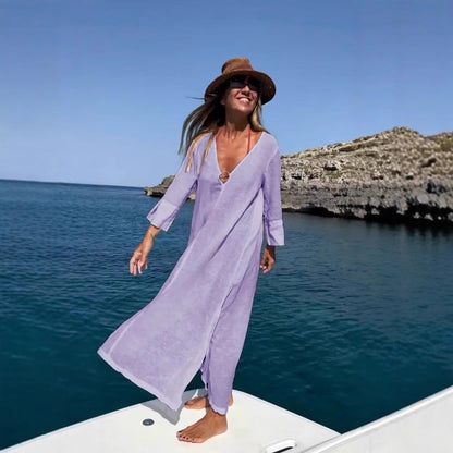 Dam Klänning Lång V-ringad Bomull Elegans-3