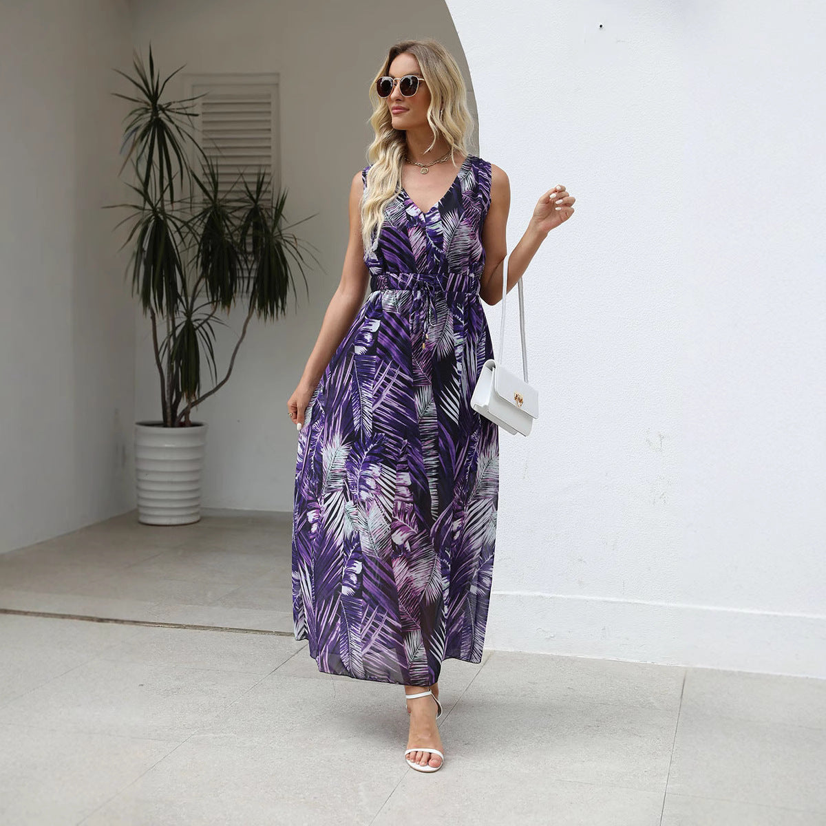 Maxiklänning Dam A-linjeformad V-ringning Polyester Ärmlös Elegant Sommar-5