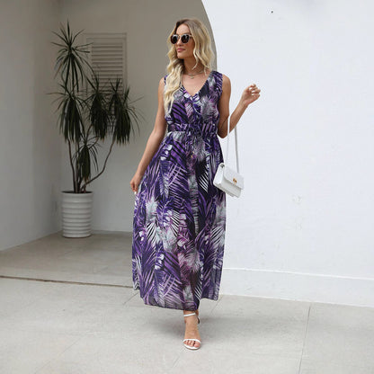 Maxiklänning Dam A-linjeformad V-ringning Polyester Ärmlös Elegant Sommar-5