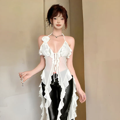 Variant image for Dam Halterneck Top Transparent Mesh Slim Fit-1