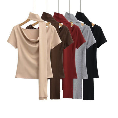 Dam Topp Draperad med Halsduk Mjuk Stretchblandning-2