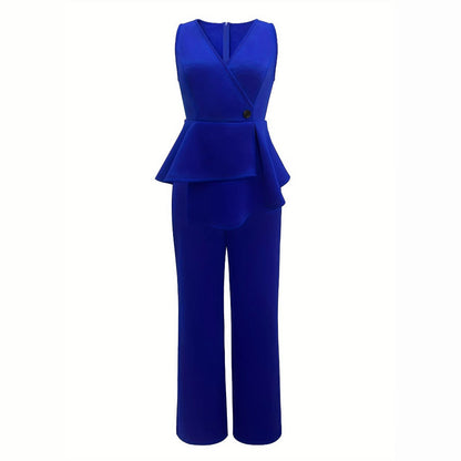 Asymmetrisk Jumpsuit med Flödande Topp och V-Hals – Andningsbart Tyg, Bekväm Passform, Breda Byxor 3