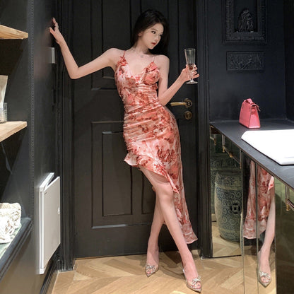 Kvinna Lång Klänning Oregelbunden V-hals Ärmös Kvalitetsblandning-3