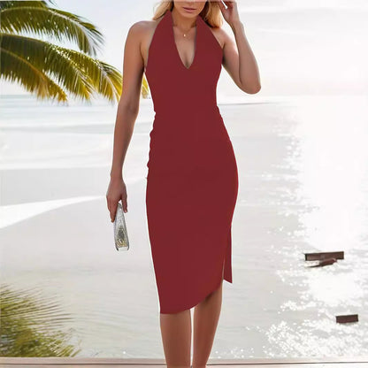 Kvinnors Ärmlös Klänning V-Ringning Medelmidja Polyester-3