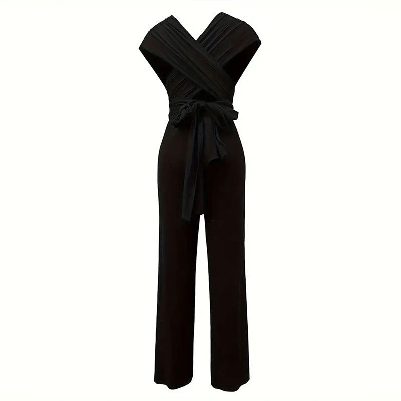 Elegant Dam Jumpsuit med V-ringad Slingrande Topp och Breda Ben – Andningsbart Tyg för Bröllop och Fester 5