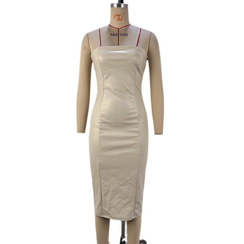 Dam Klänning Stropplös Figurnära PU Midi-5