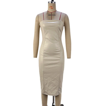 Dam Klänning Stropplös Figurnära PU Midi-5