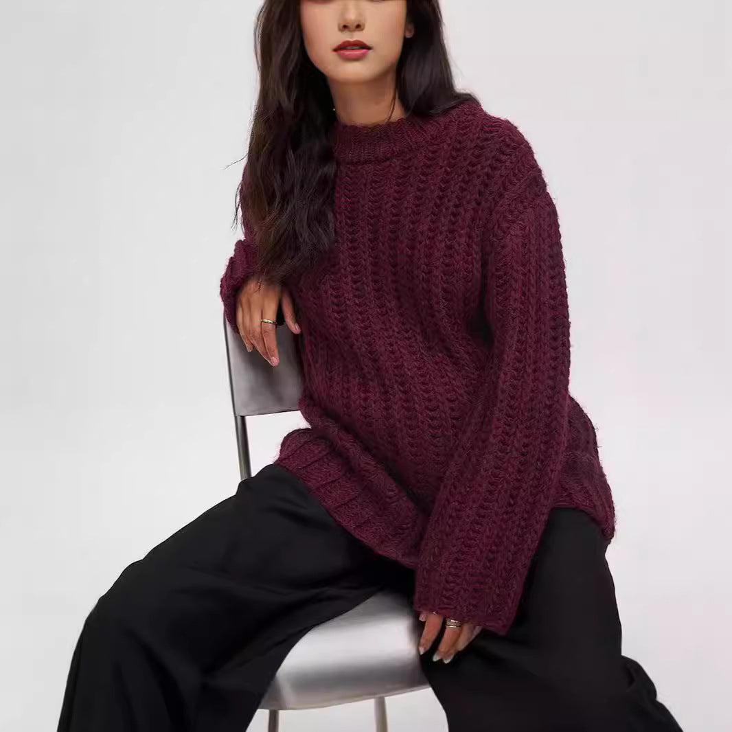 Dam Stickad Tröja Flätat Mönster Ull Stående Krage 3