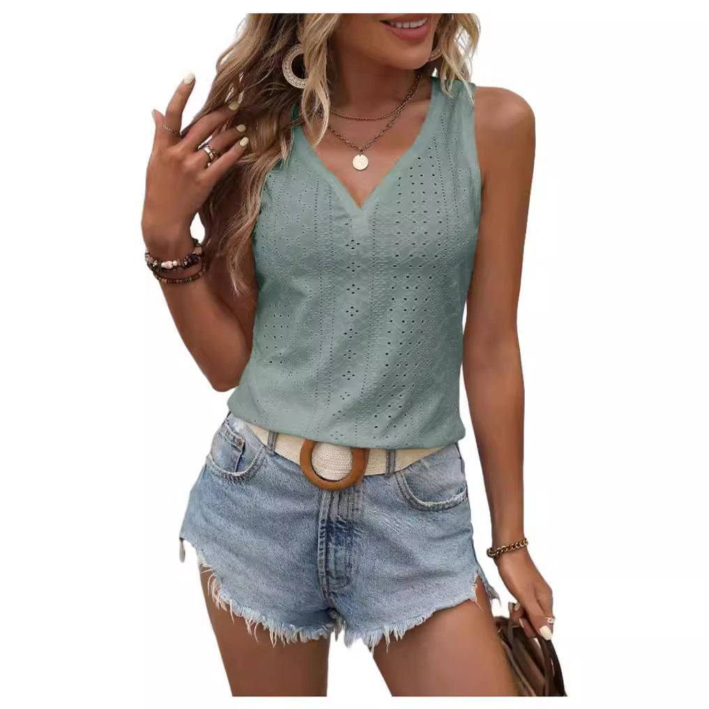 Dam Löst Sittande Tank Top V-Ringning Polyester-2